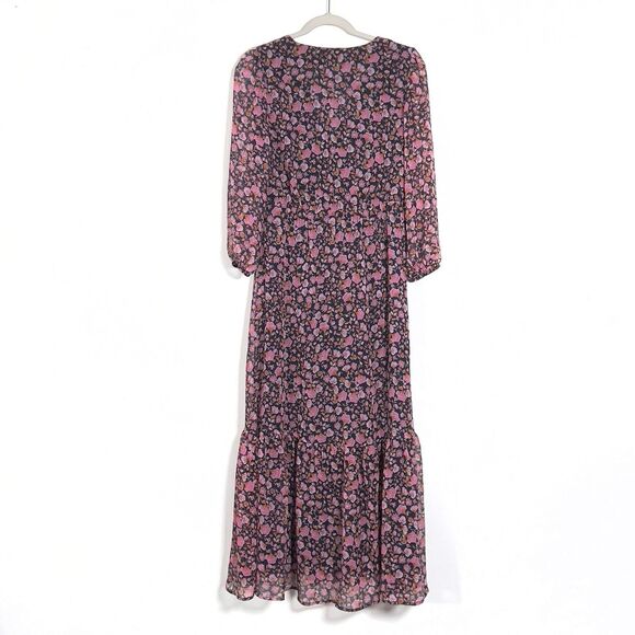 MNG By Mango V-Neck Maxi Dress Sz 4 XS Chiffon Floral Print 3/4 Sleeve - Picture 6 of 12